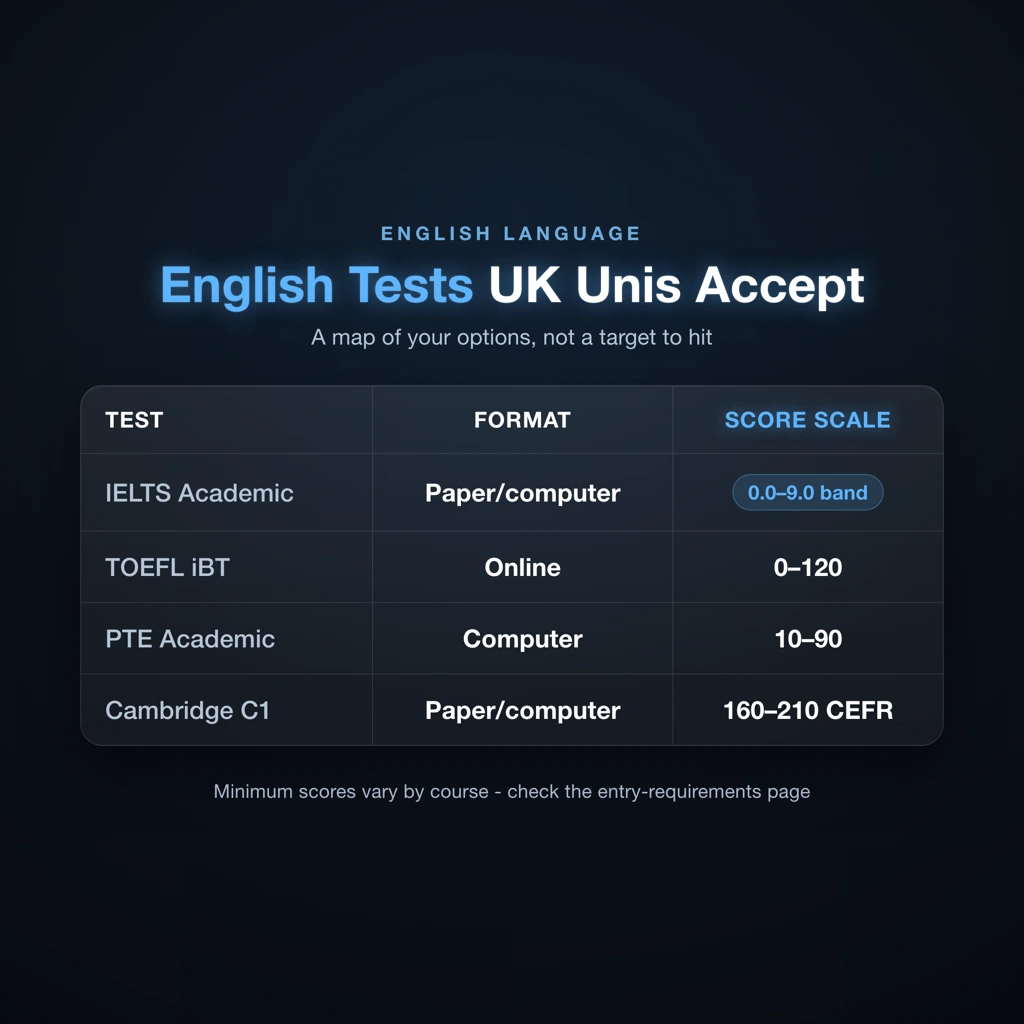 Comparison table of English language tests accepted by UK universities for international student applications