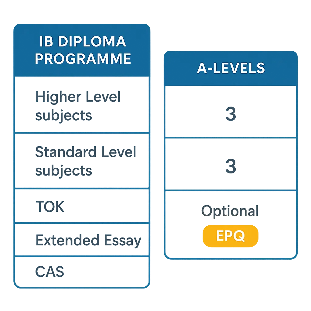 Diagram comparing IB Diploma Programme structure with A-Levels showing subject count and core requirements