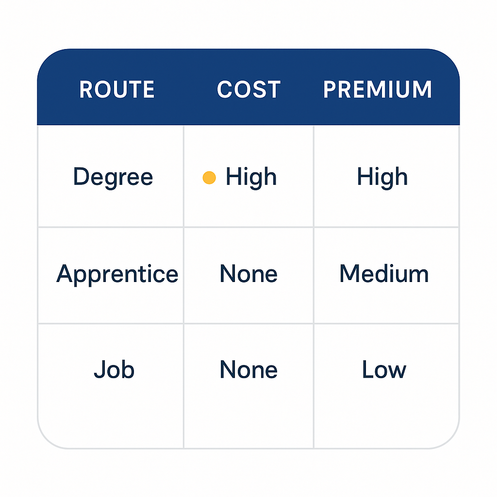 Comparison of university degree, degree apprenticeship and direct employment by cost, earnings and graduate salary premium UK