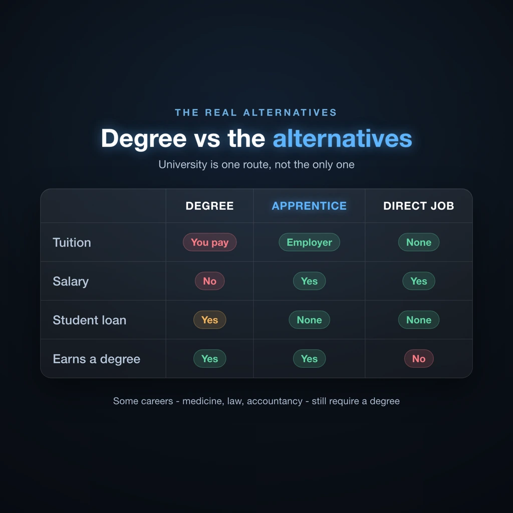Comparison of university degree, degree apprenticeship and direct employment by cost, earnings and graduate salary premium UK