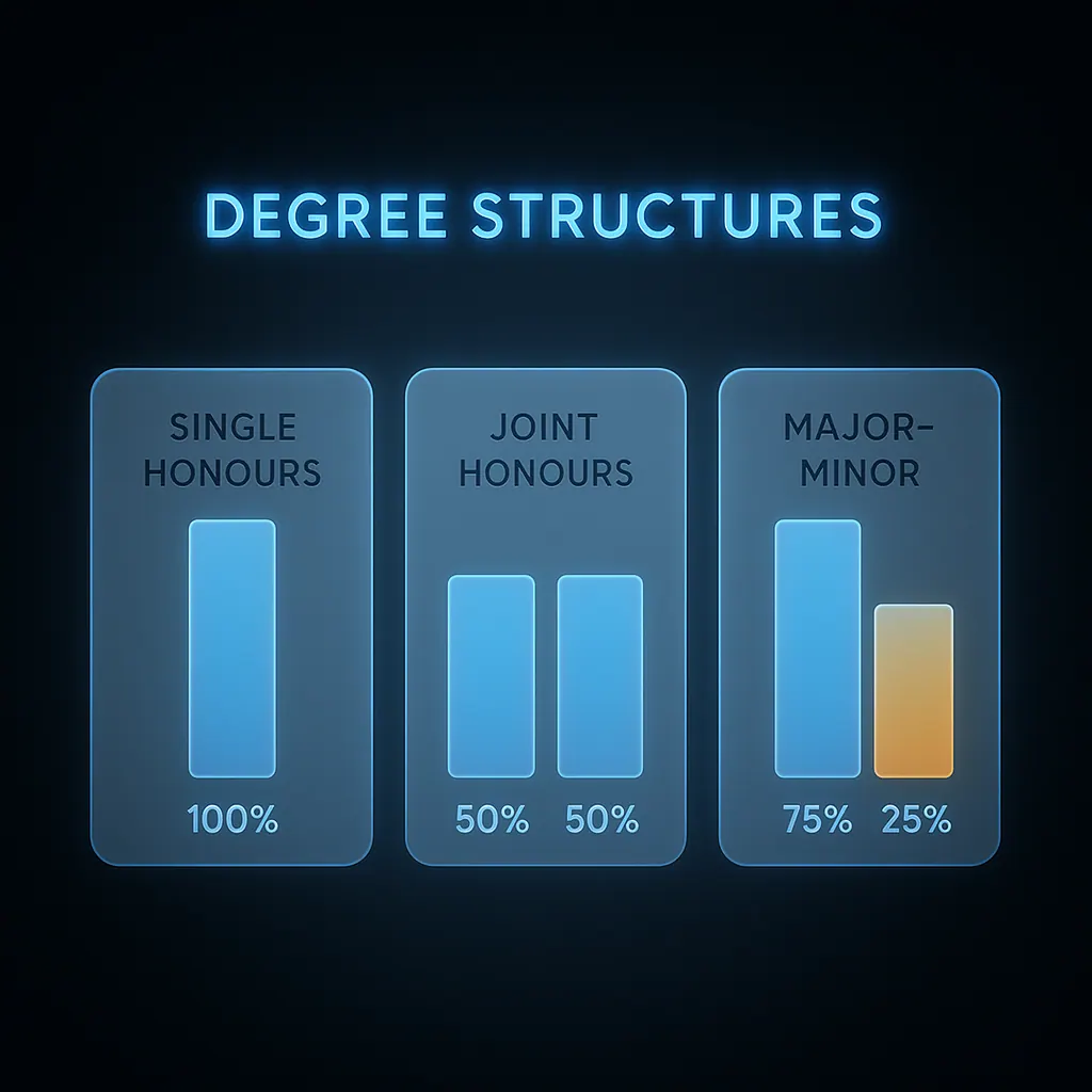 Diagram comparing single honours, joint honours, and major-minor degree structures by subject weighting