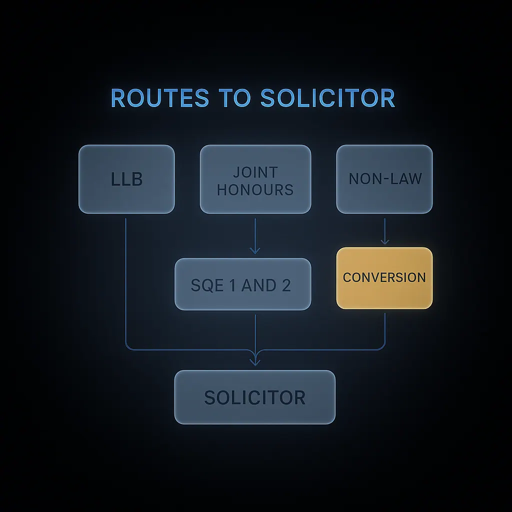Flowchart showing three law degree entry routes to SQE qualification as a UK solicitor