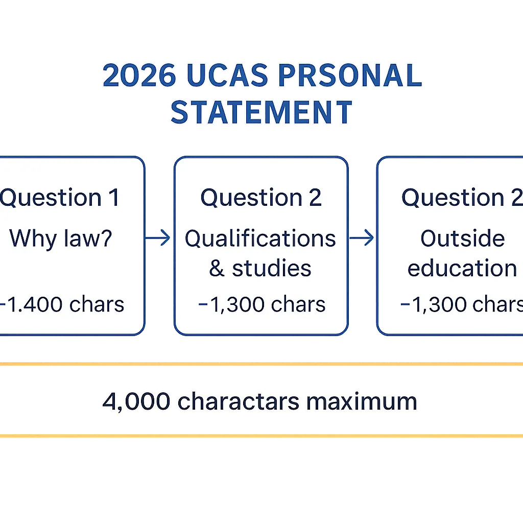 Diagram showing the three-question law personal statement format for 2026 UCAS entry with character budgets