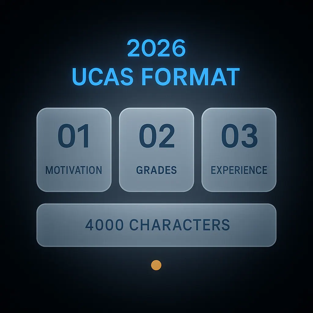 Diagram mapping three 2026 UCAS personal statement questions to law application requirements within a 4000-character limit