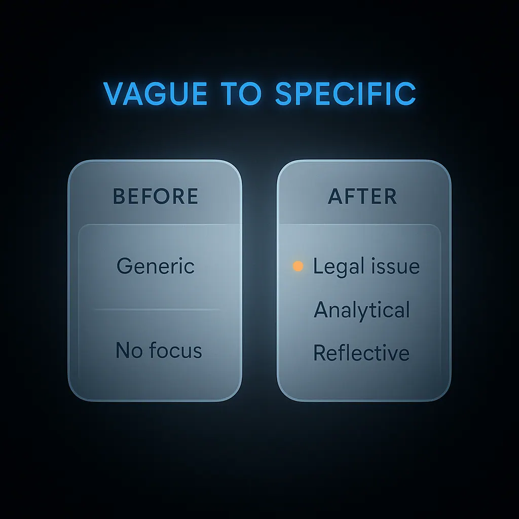 Before and after example sentences showing how to rewrite a vague law personal statement opening into specific analytical reflection