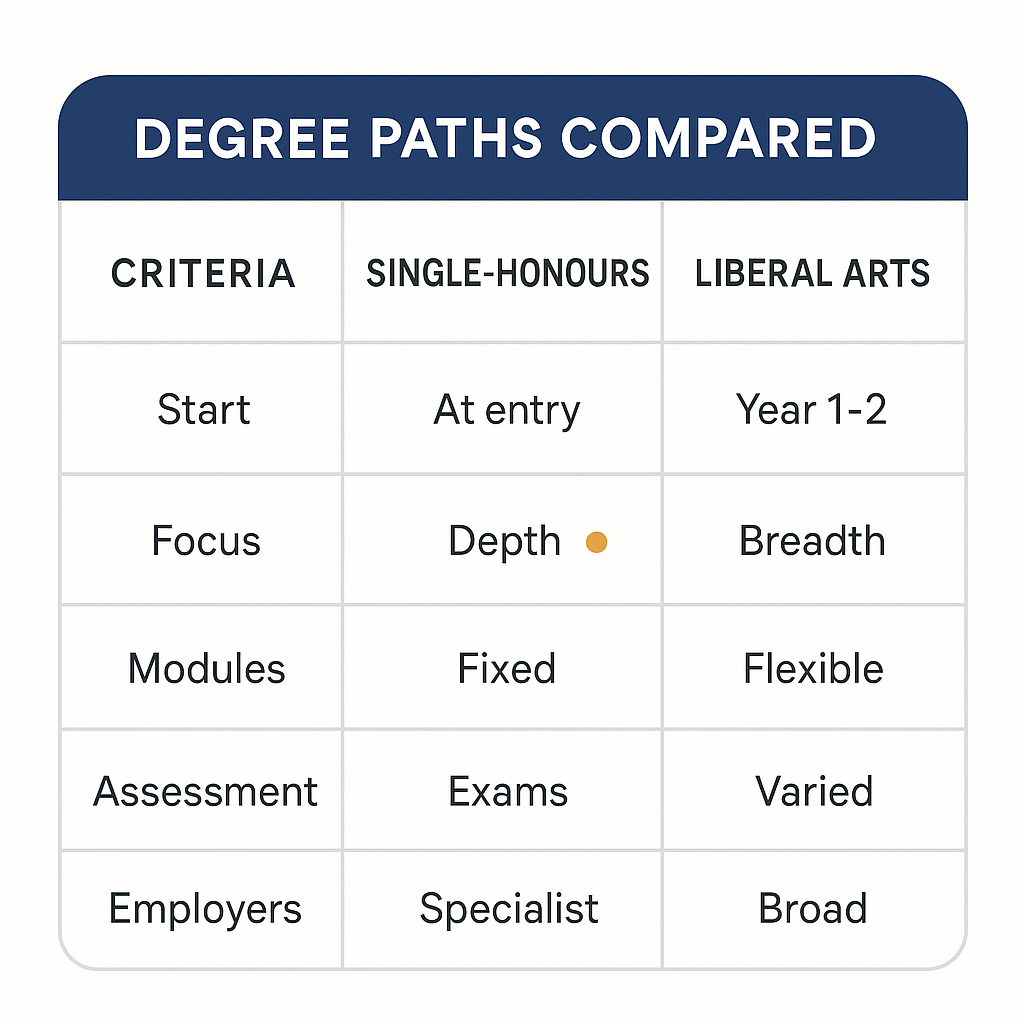 Side-by-side comparison card: single-honours UK degree versus liberal arts degree across five criteria