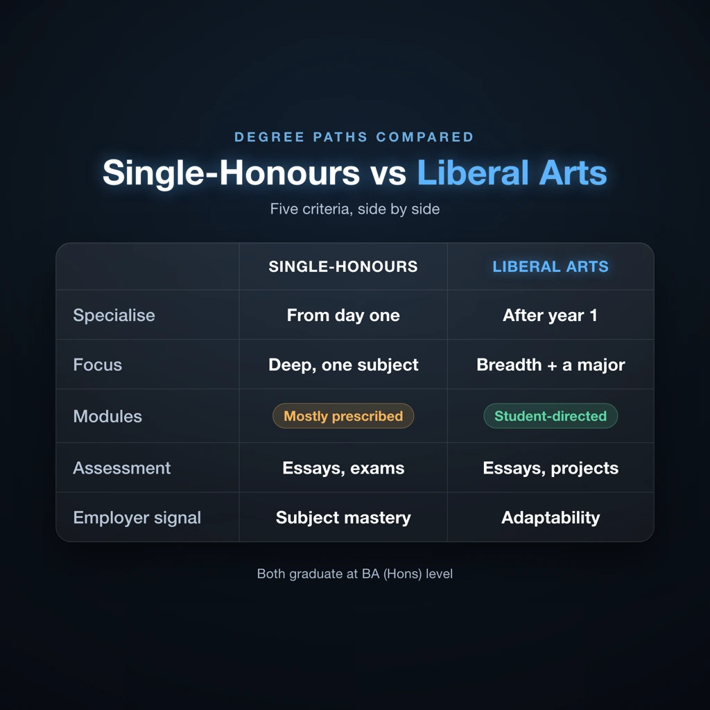 Side-by-side comparison card: single-honours UK degree versus liberal arts degree across five criteria