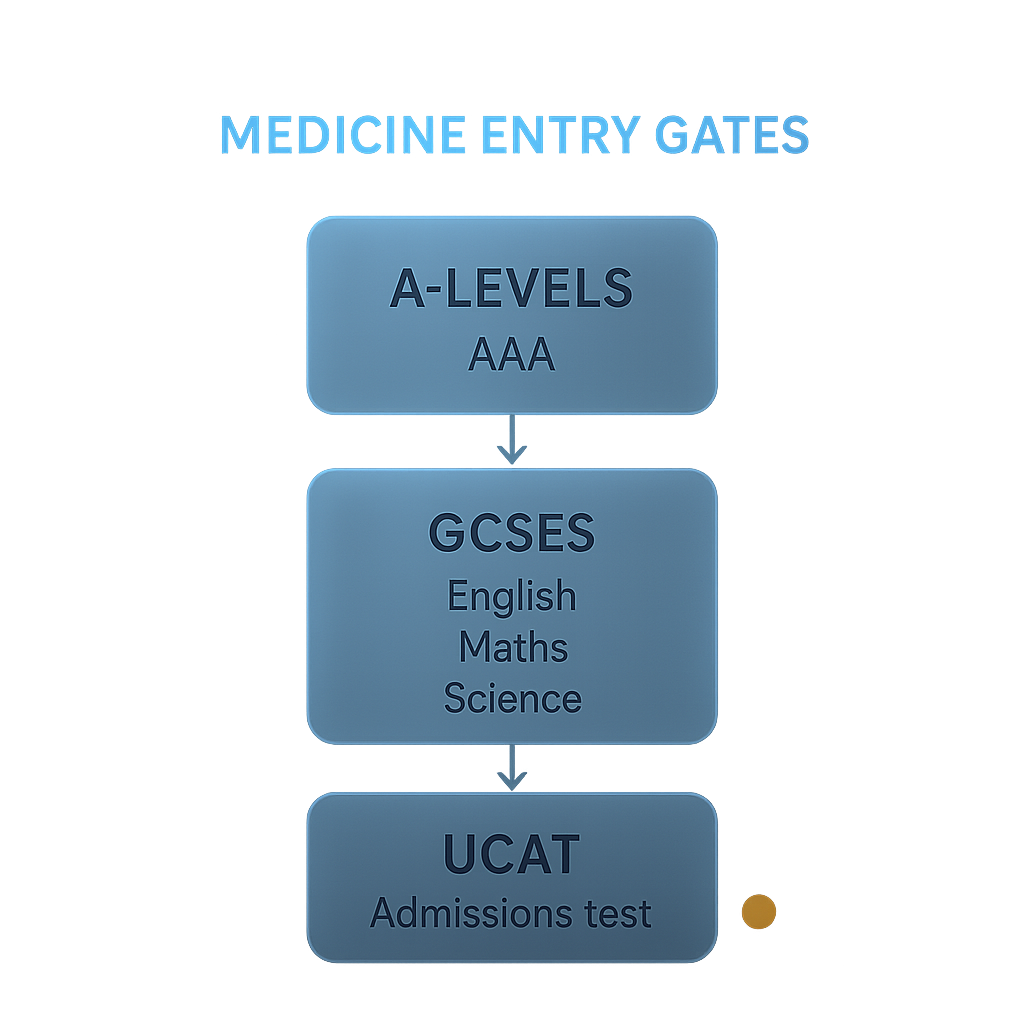 Flowchart showing three medicine degree entry requirements gates: academic qualifications, GCSE screening, then UCAT admissions test before interview