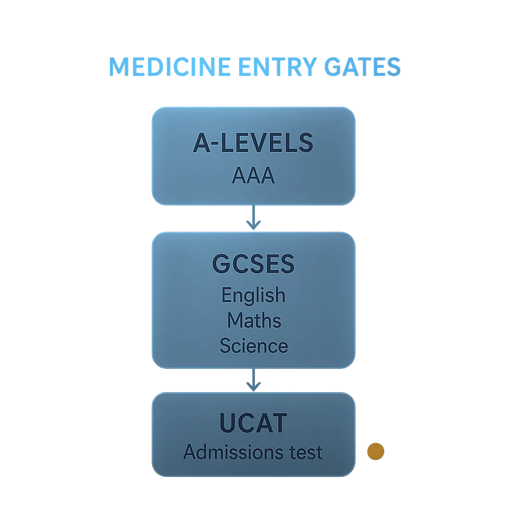 Flowchart showing three medicine degree entry requirements gates: academic qualifications, GCSE screening, then UCAT admissions test before interview