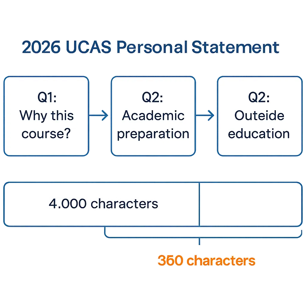 Diagram of the 2026 UCAS medicine personal statement three-question structure with character limits