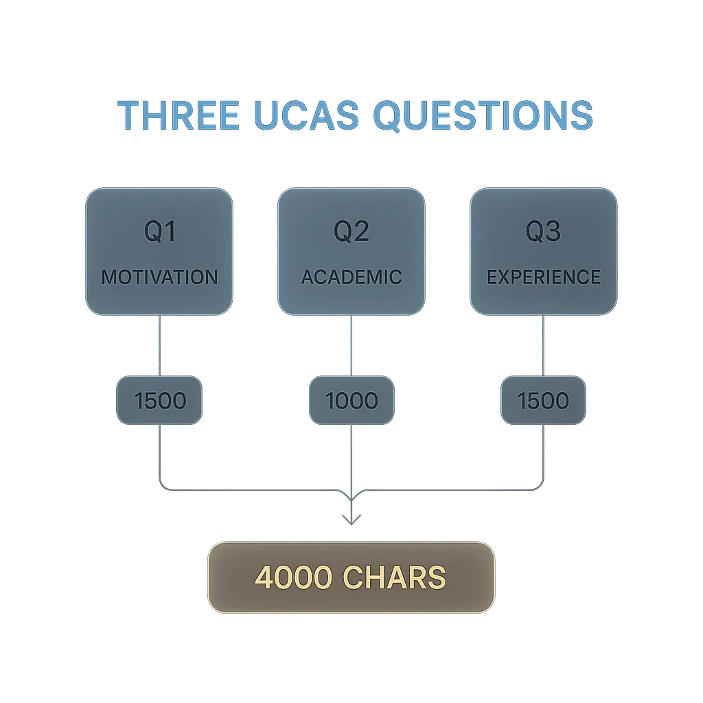 Medicine personal statement 2026 structure: three UCAS questions mapped to motivation, academic preparation, and work experience