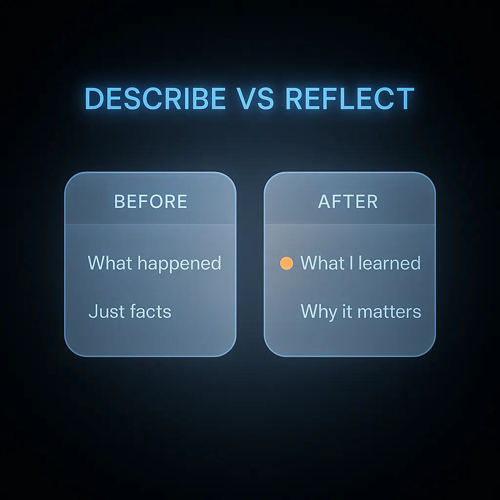 Before and after example showing descriptive versus reflective writing in a medicine personal statement