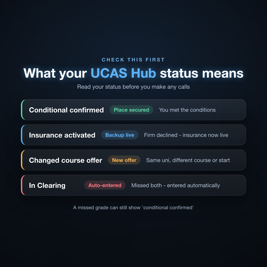 Flowchart showing seven options for students who missed a university offer, starting with UCAS Hub check