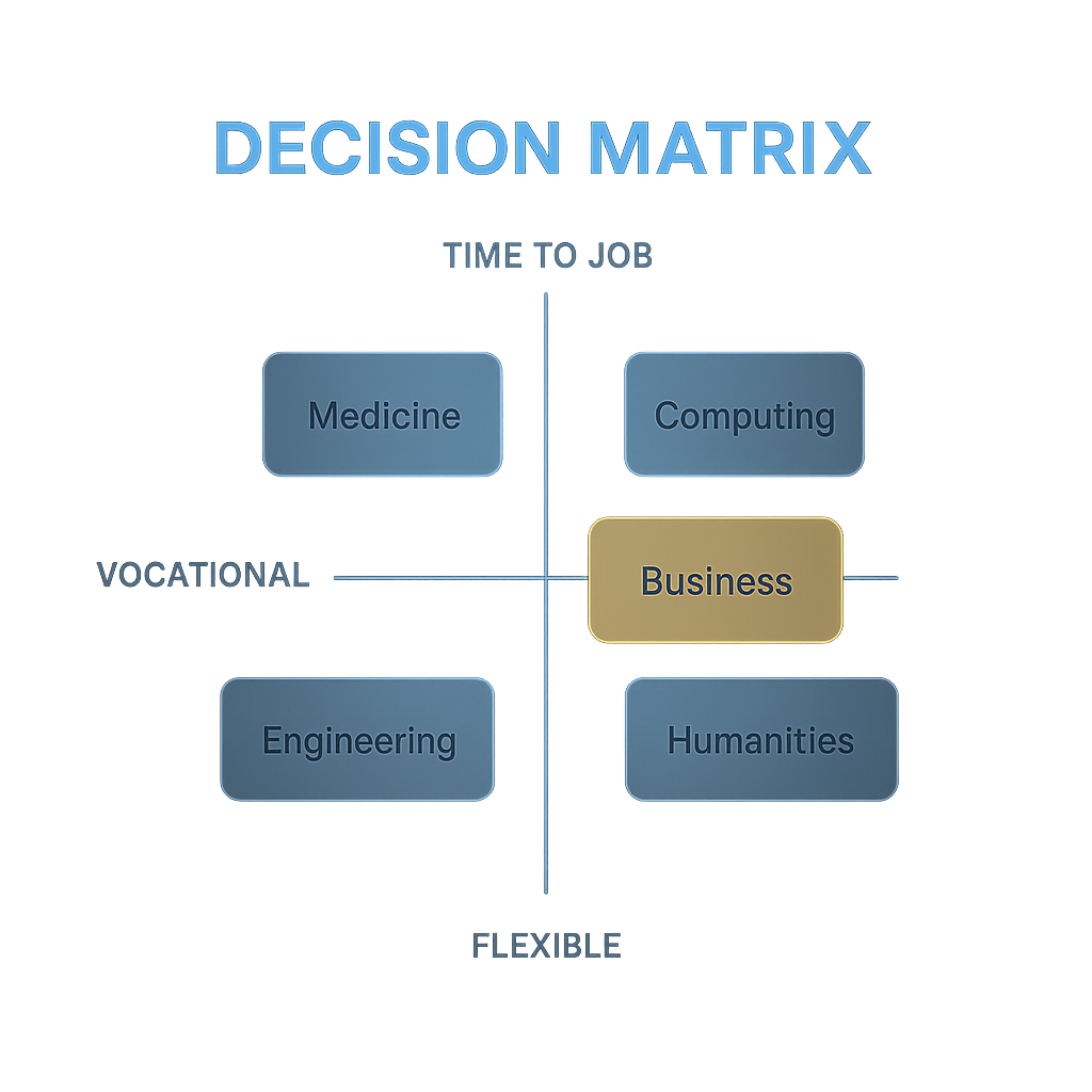 Decision matrix showing most employable degree subjects plotted by vocational focus versus time to graduate-level employment