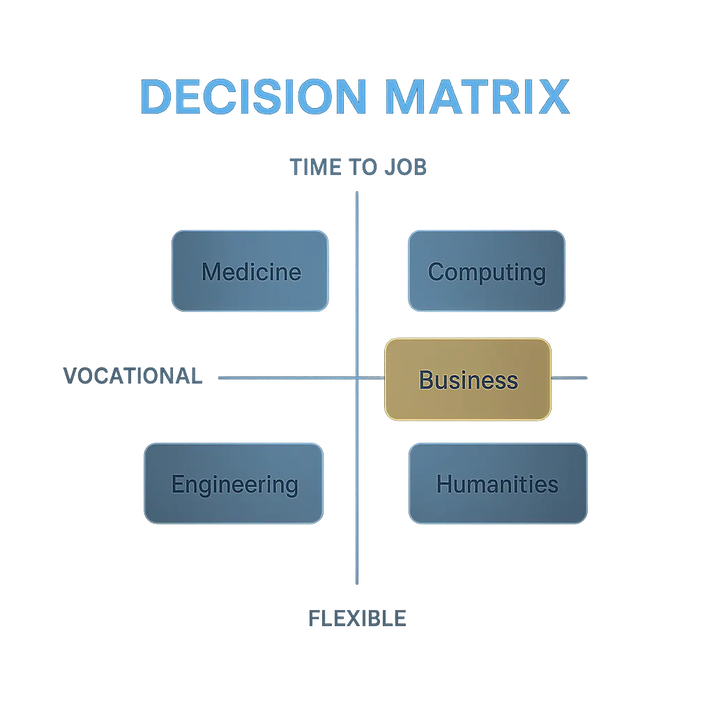 Decision matrix showing most employable degree subjects plotted by vocational focus versus time to graduate-level employment