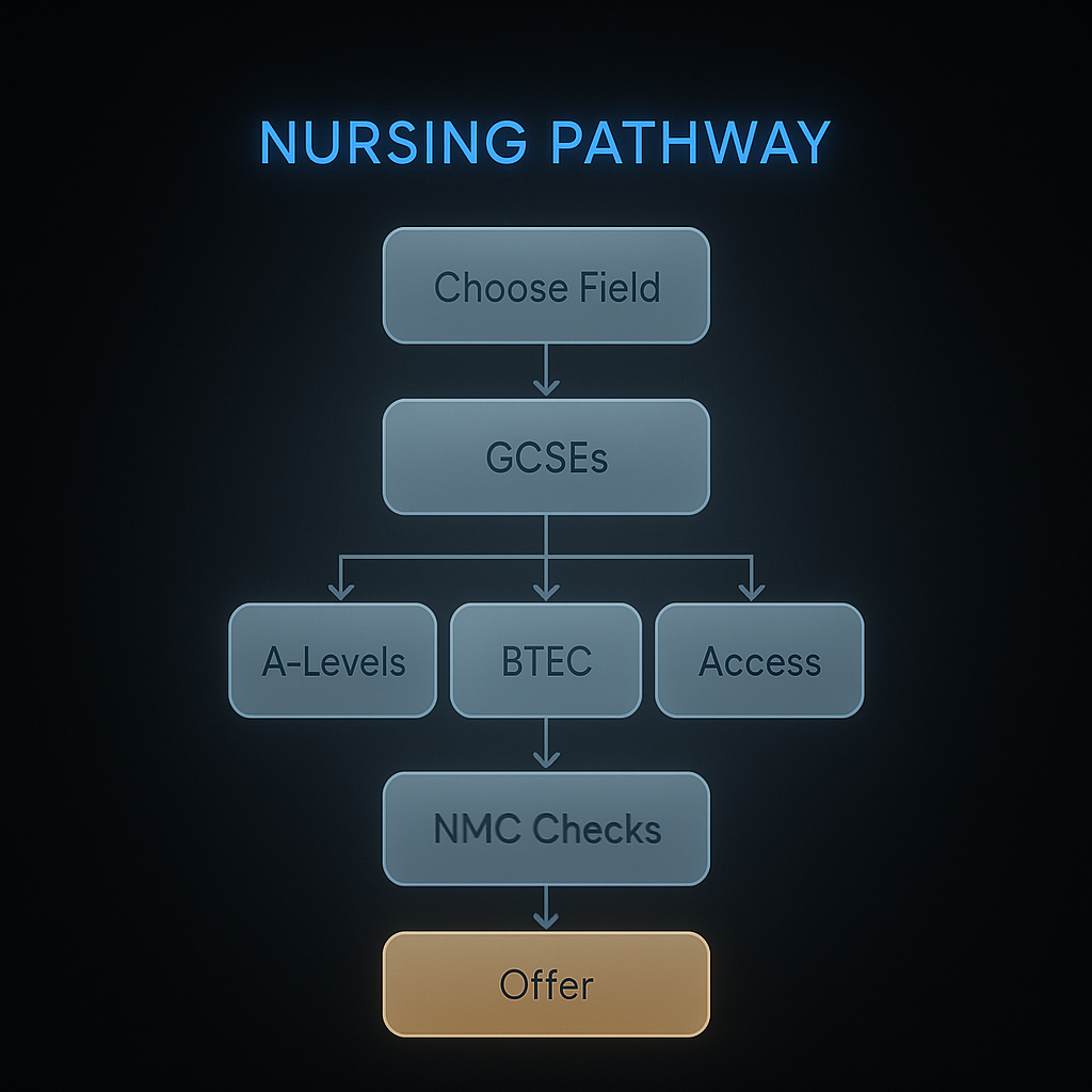 Flowchart showing nursing degree entry requirements pathway from choosing a field to receiving an offer