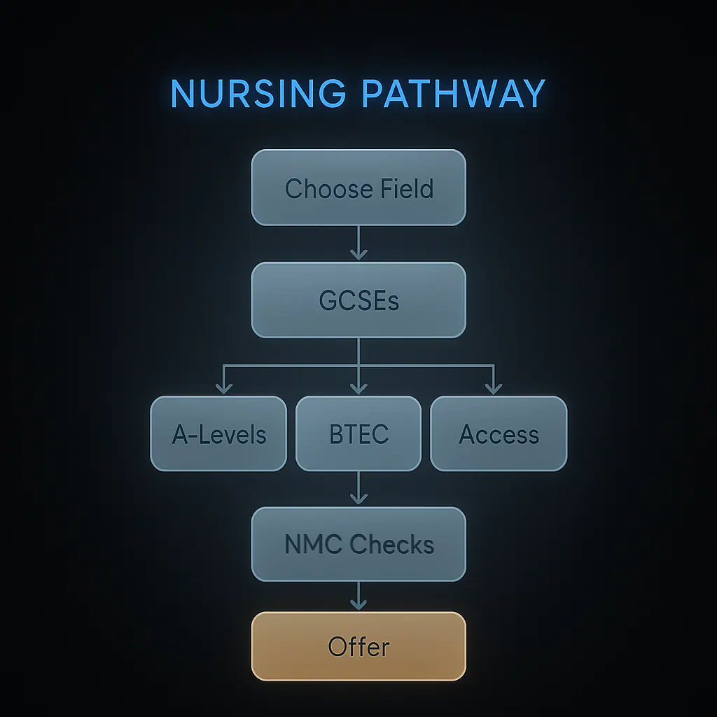 Flowchart showing nursing degree entry requirements pathway from choosing a field to receiving an offer
