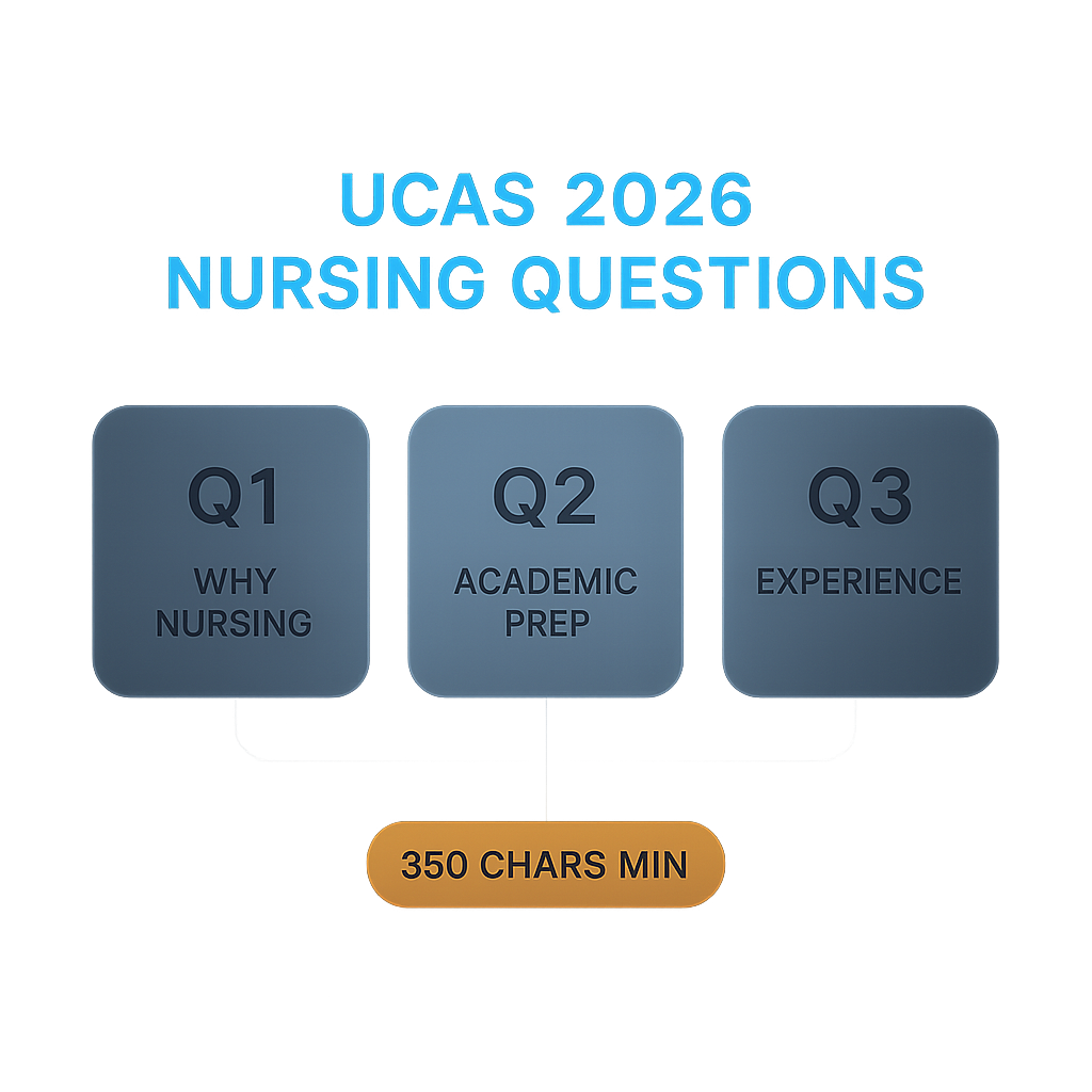 Diagram mapping three UCAS 2026 nursing personal statement questions to nursing-specific content and character budgets