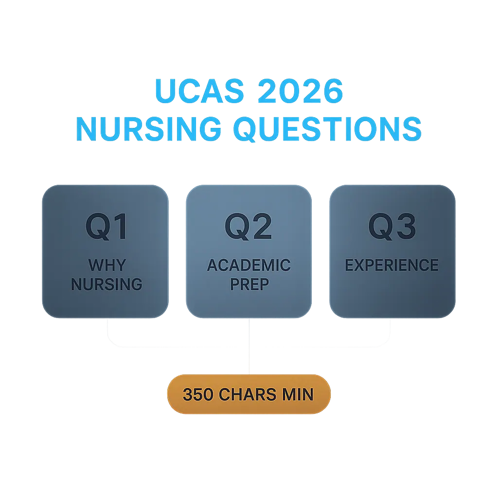 Diagram mapping three UCAS 2026 nursing personal statement questions to nursing-specific content and character budgets