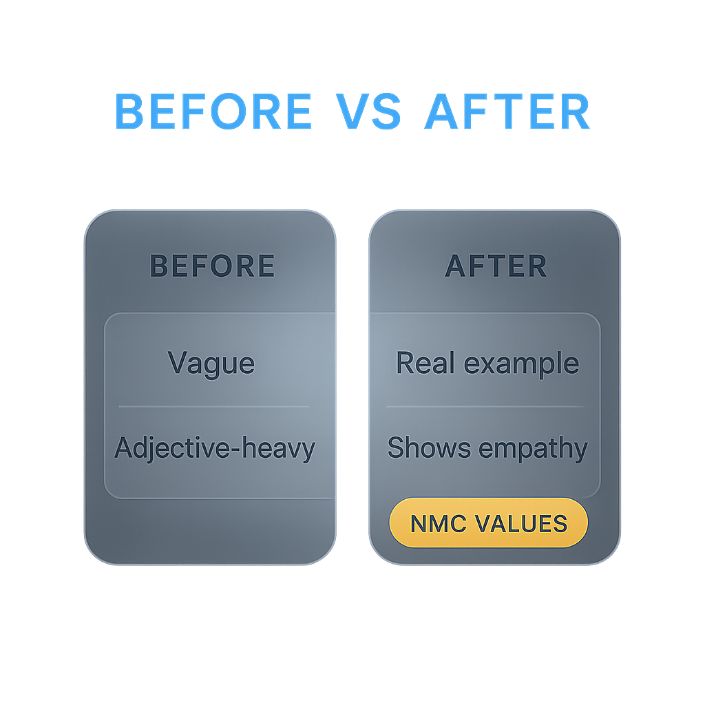 Before and after comparison of weak versus strong nursing personal statement paragraph with NMC values annotated