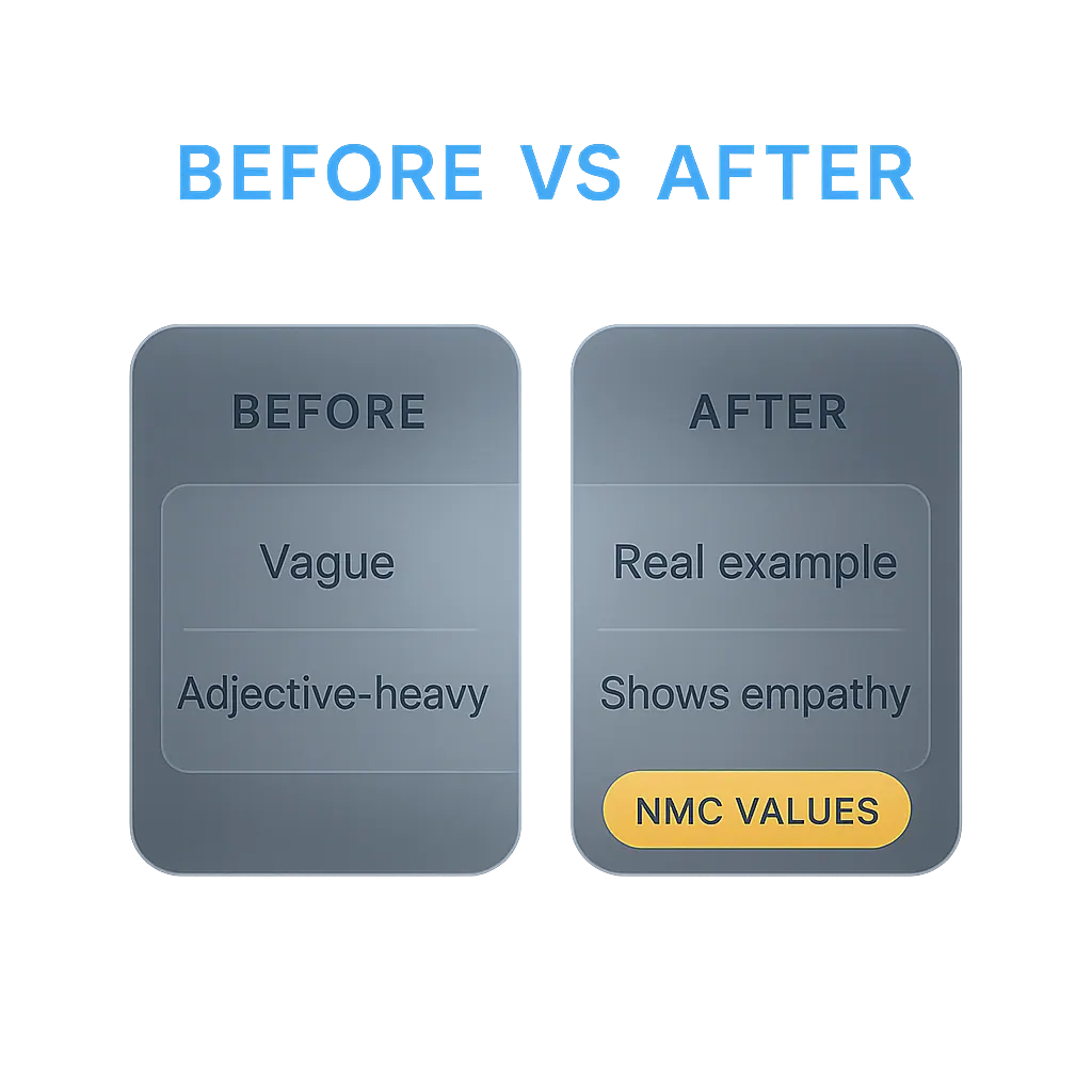 Before and after comparison of weak versus strong nursing personal statement paragraph with NMC values annotated