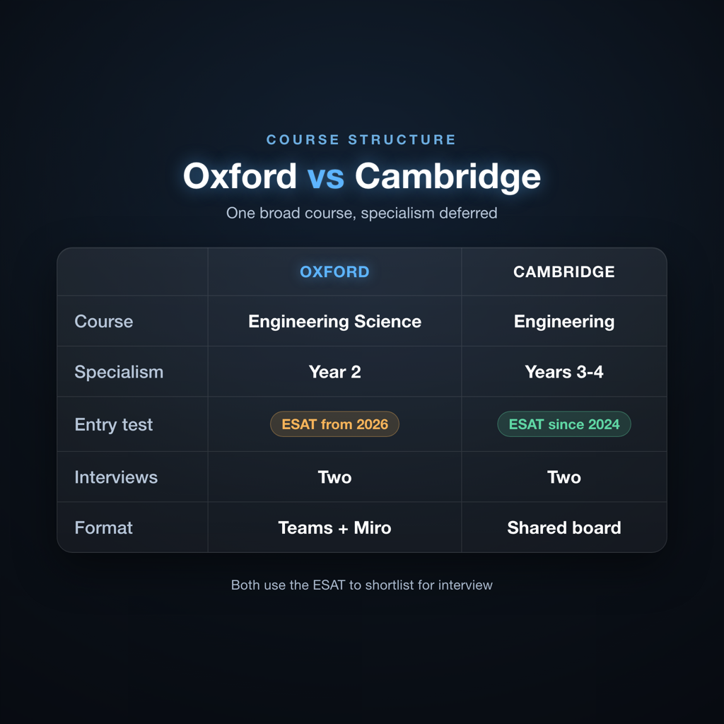 Side-by-side comparison of Oxford Engineering Science and Cambridge Engineering interview structure and entry requirements