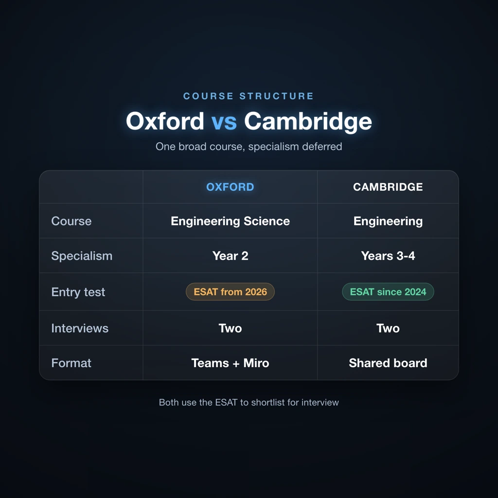 Side-by-side comparison of Oxford Engineering Science and Cambridge Engineering interview structure and entry requirements