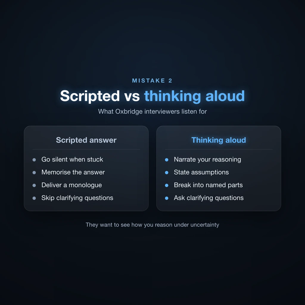 Diagram contrasting scripted interview answers with the thinking-aloud approach recommended for Oxbridge interviews