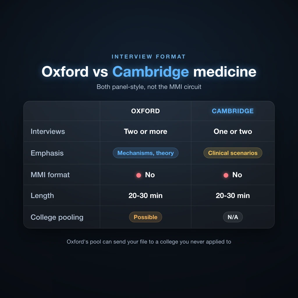 Oxford vs Cambridge medicine interview comparison showing focus areas, question types and structure