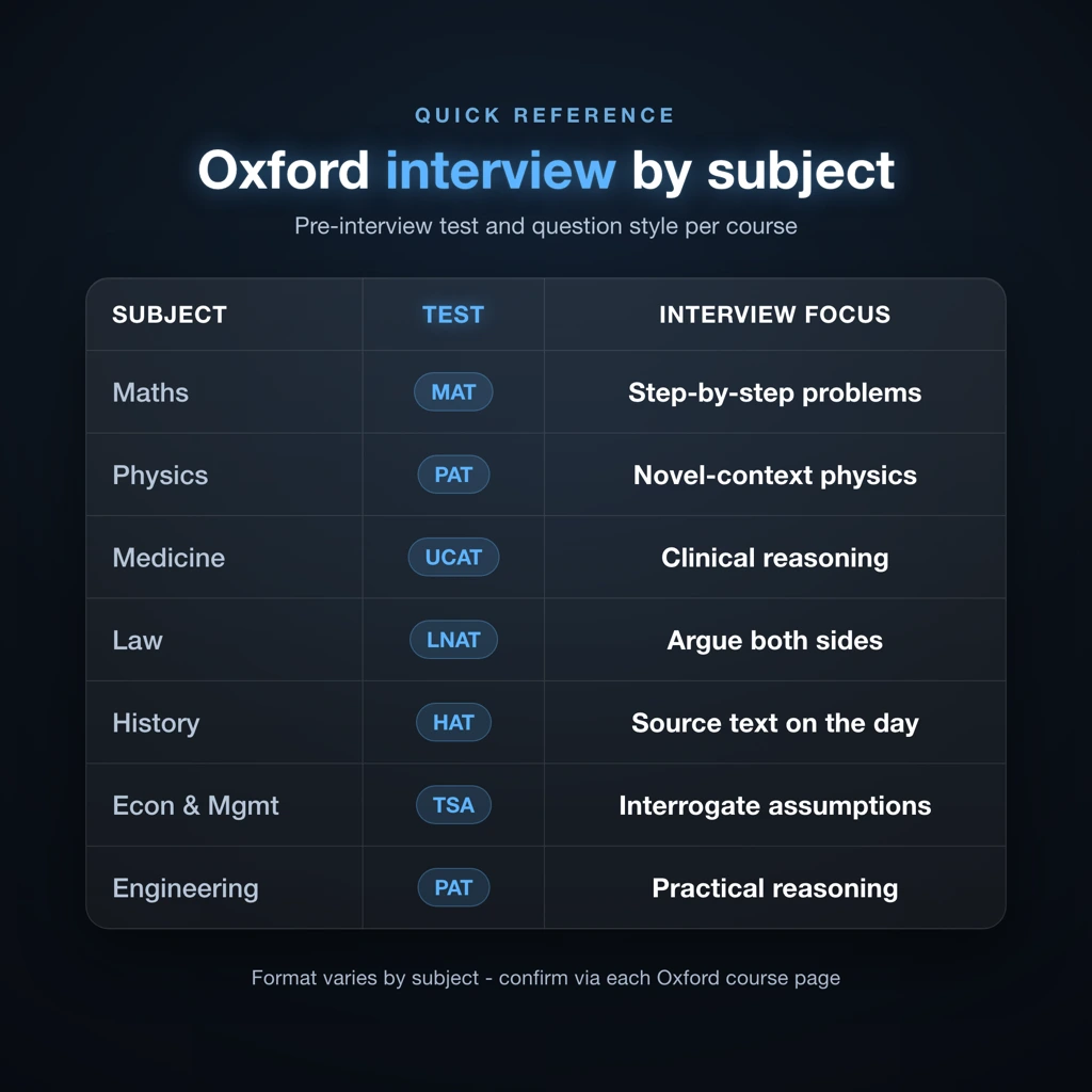 Oxford interview format by subject showing admissions test and question style for each course
