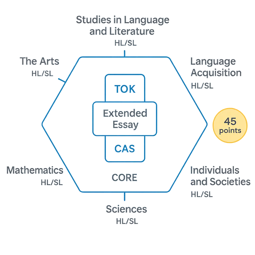 IB Diploma Programme structure diagram showing six subject groups and the TOK, EE, CAS core