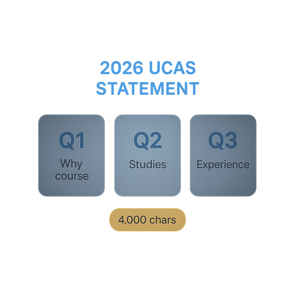 Diagram of 2026 UCAS personal statement structure showing three questions and 4000-character limit