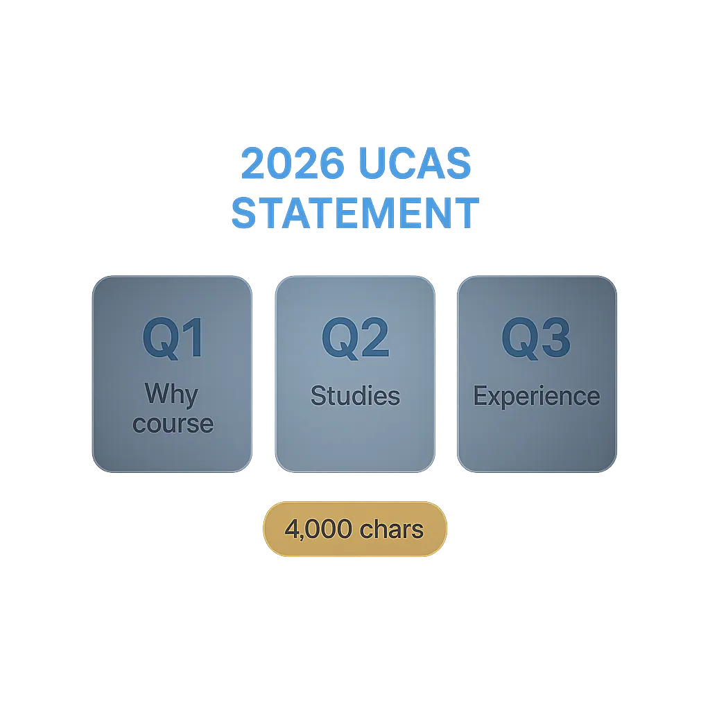 Diagram of 2026 UCAS personal statement structure showing three questions and 4000-character limit