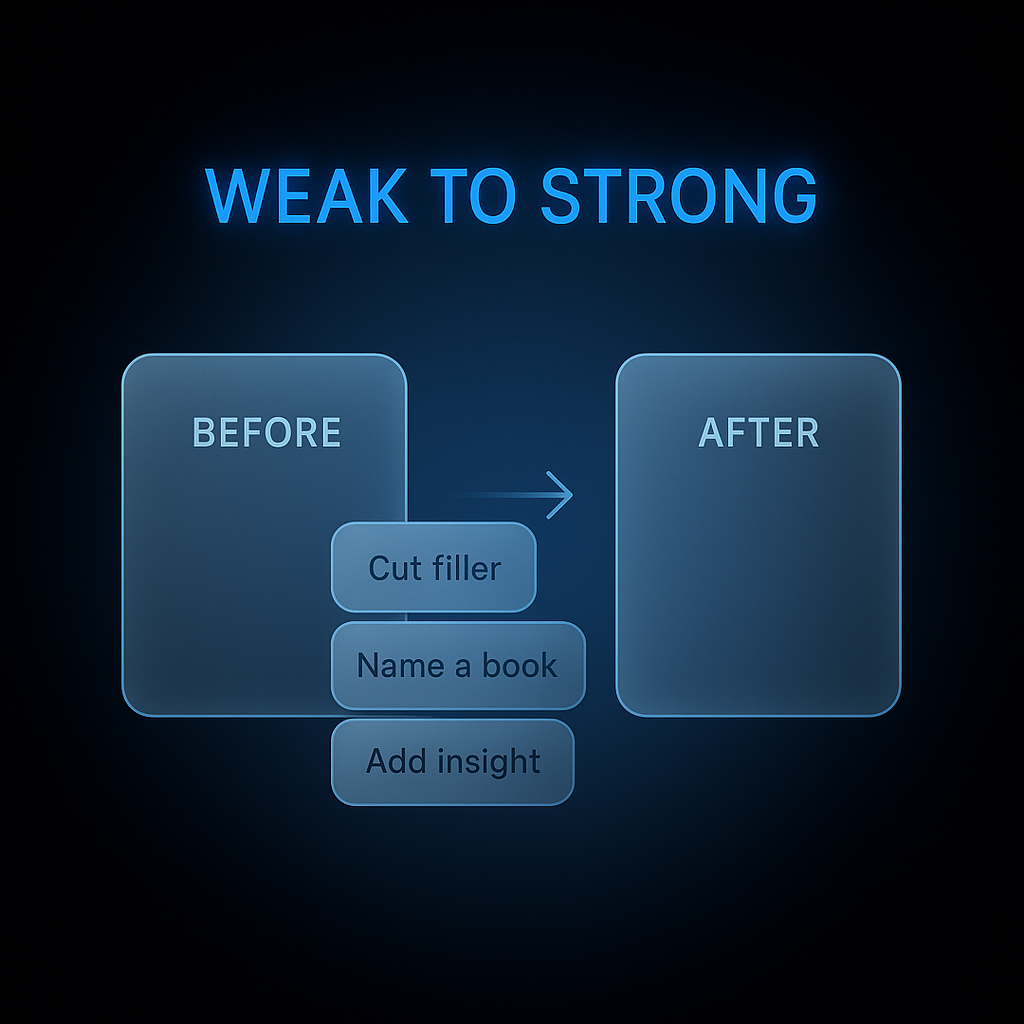 Before and after rewrite of a personal statement opening line annotated with specific edits