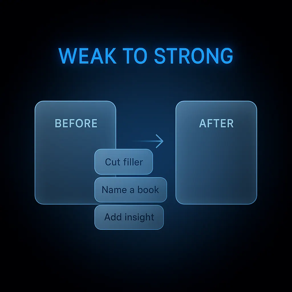 Before and after rewrite of a personal statement opening line annotated with specific edits