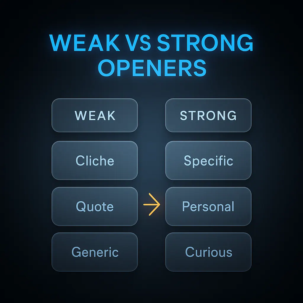 Before and after comparison of weak versus strong personal statement opening lines