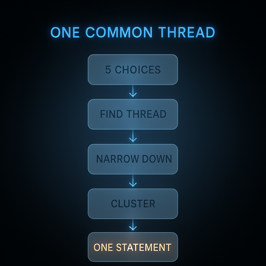 Flowchart showing how to build a personal statement for multiple courses by identifying a common thread across five UCAS choices