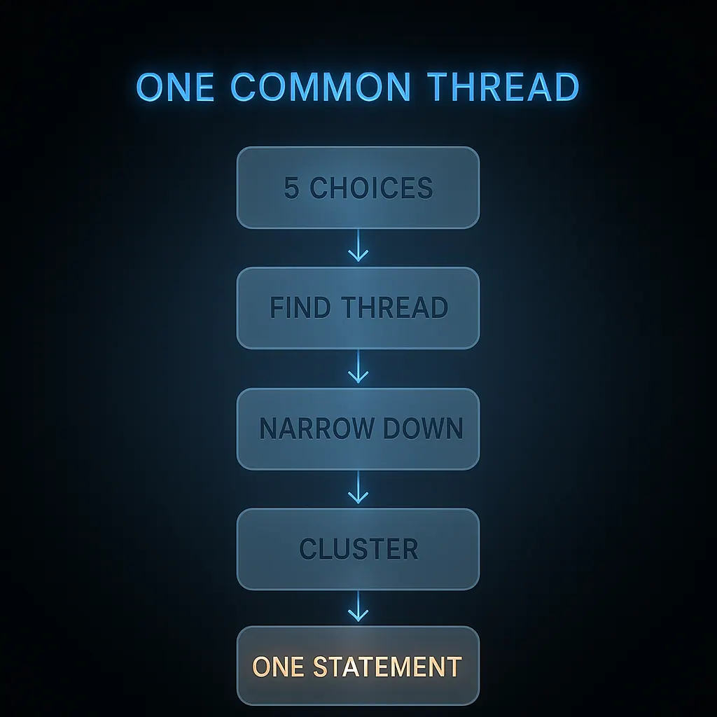 Flowchart showing how to build a personal statement for multiple courses by identifying a common thread across five UCAS choices
