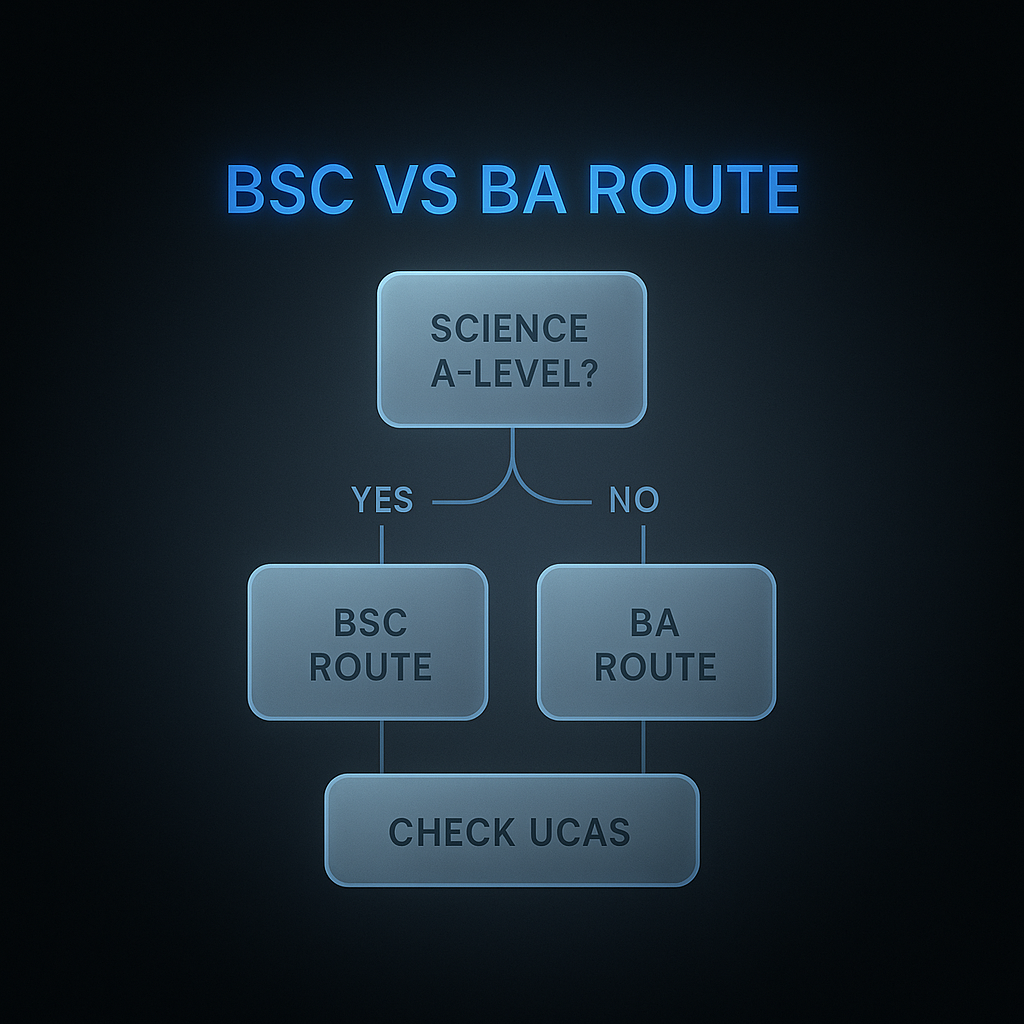 Flowchart showing how psychology degree entry requirements differ for BSc versus BA routes based on science subjects