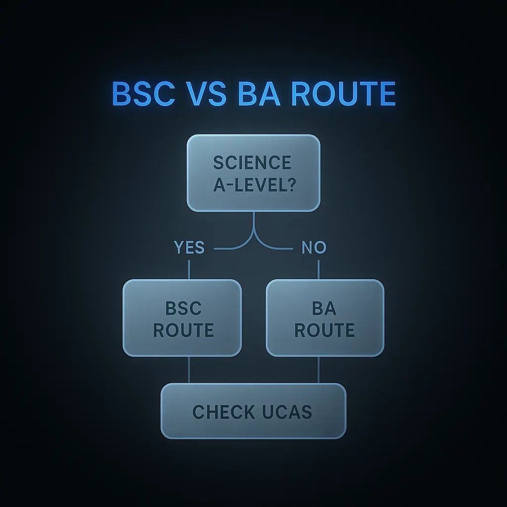 Flowchart showing how psychology degree entry requirements differ for BSc versus BA routes based on science subjects