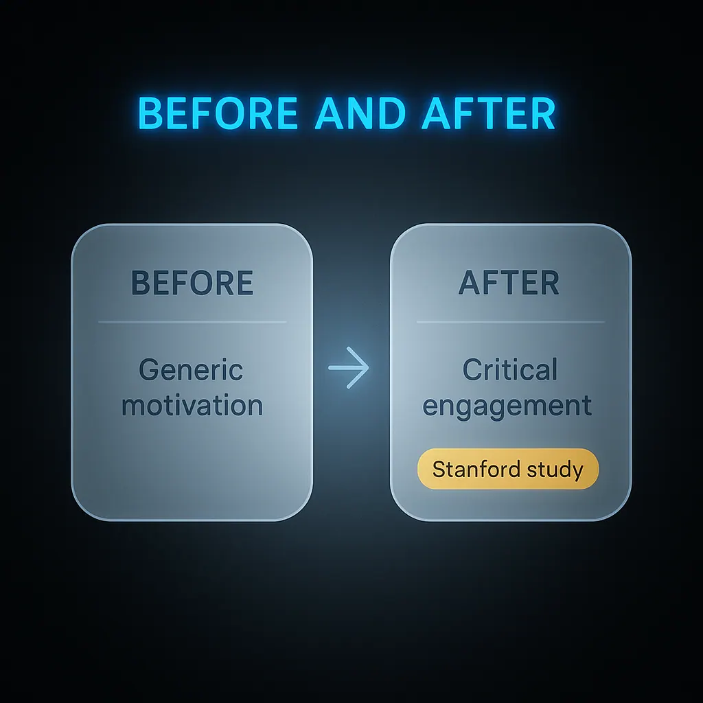 Before and after rewrite of a psychology personal statement opening showing generic motivation versus critical engagement with a named study