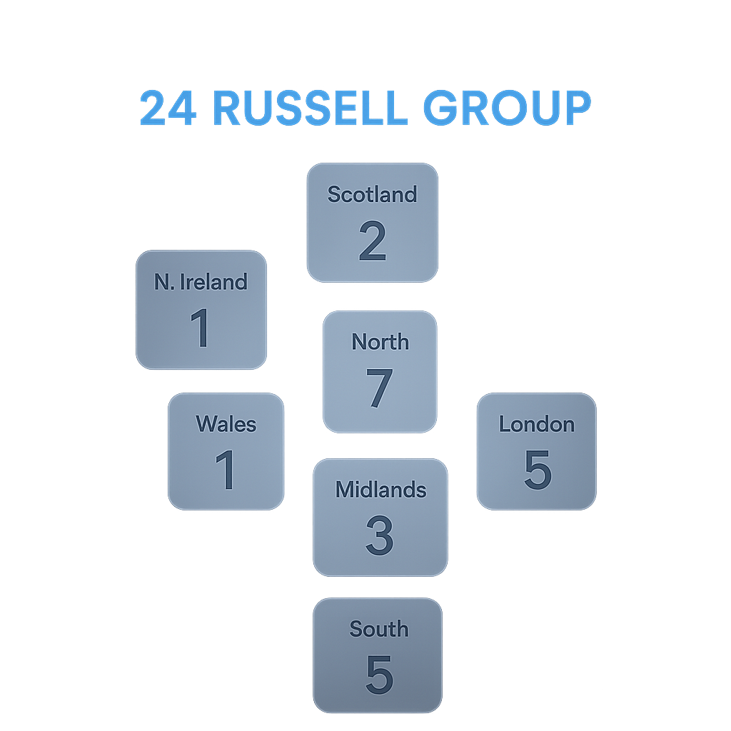 Map diagram showing all 24 Russell Group universities grouped by UK nation and region