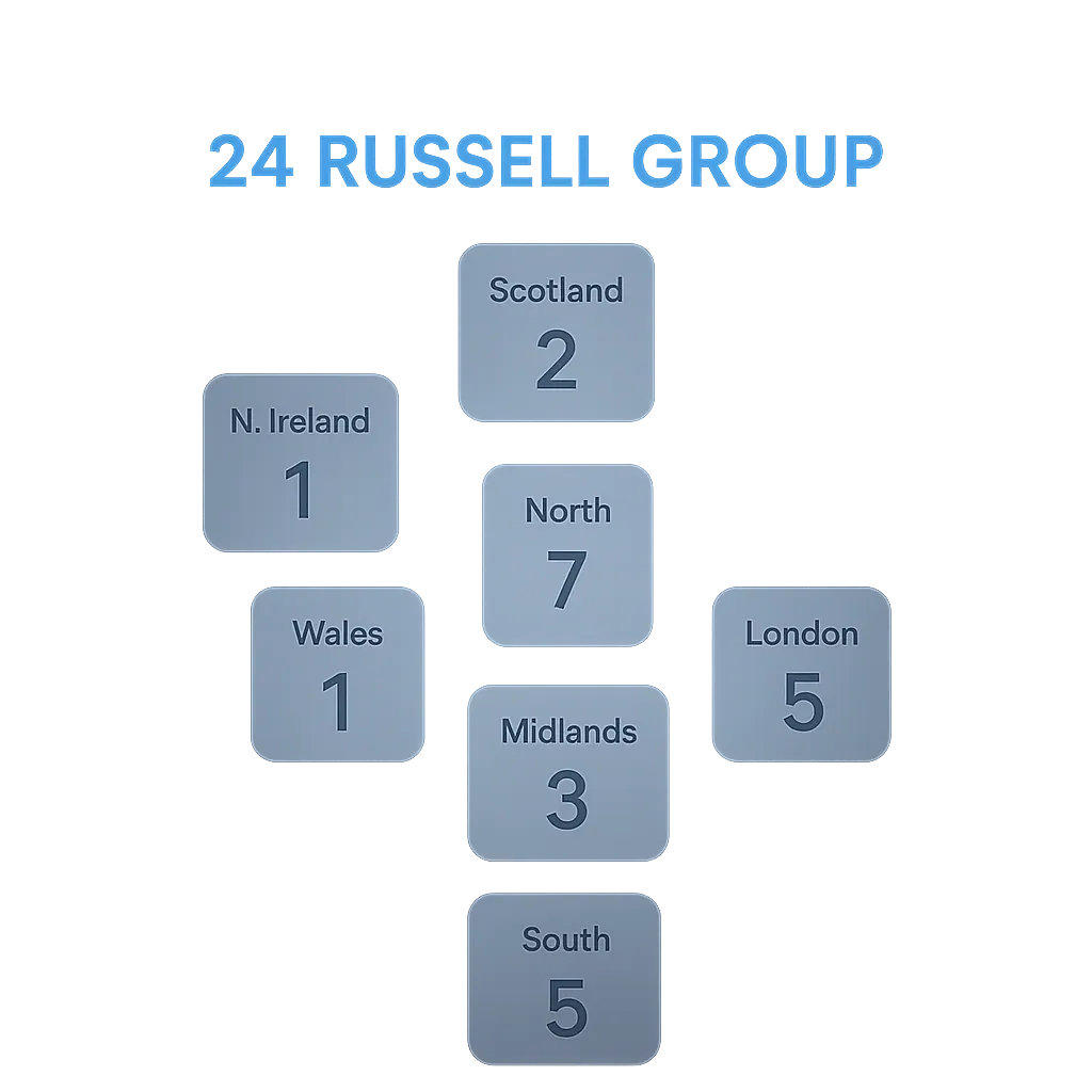 Map diagram showing all 24 Russell Group universities grouped by UK nation and region