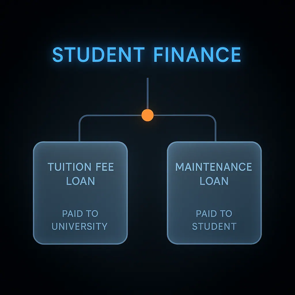 Diagram showing how student finance splits into a tuition fee loan paid to the university and a maintenance loan paid to the student