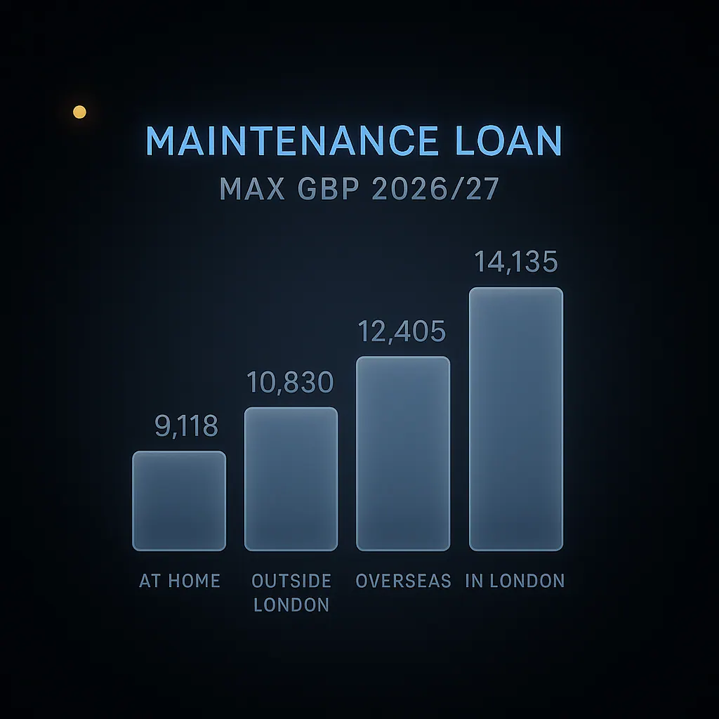 Bar chart comparing 2026/27 maximum maintenance loan amounts by living situation for UK student finance