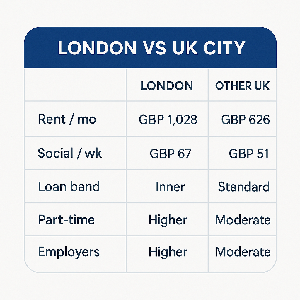 Comparison table: studying at university in London vs non-London UK city across cost and opportunity factors