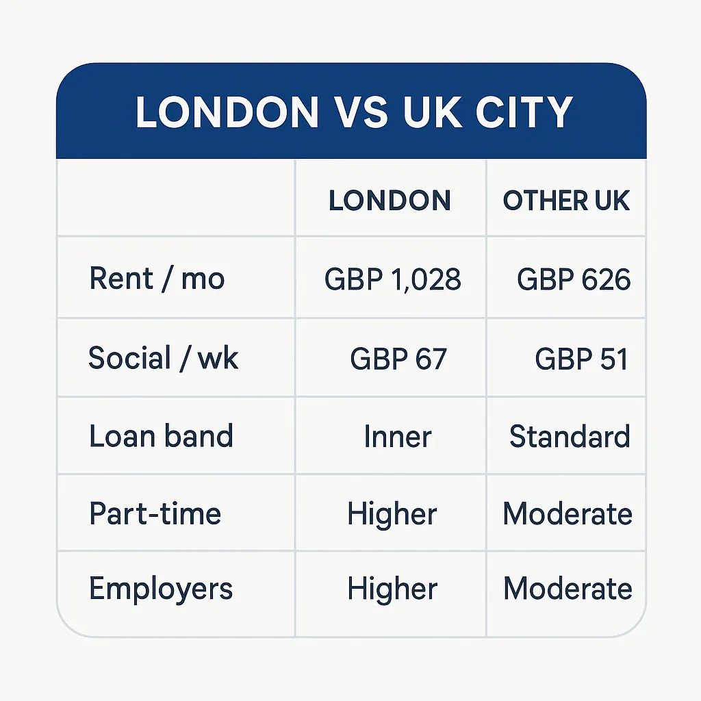 Comparison table: studying at university in London vs non-London UK city across cost and opportunity factors