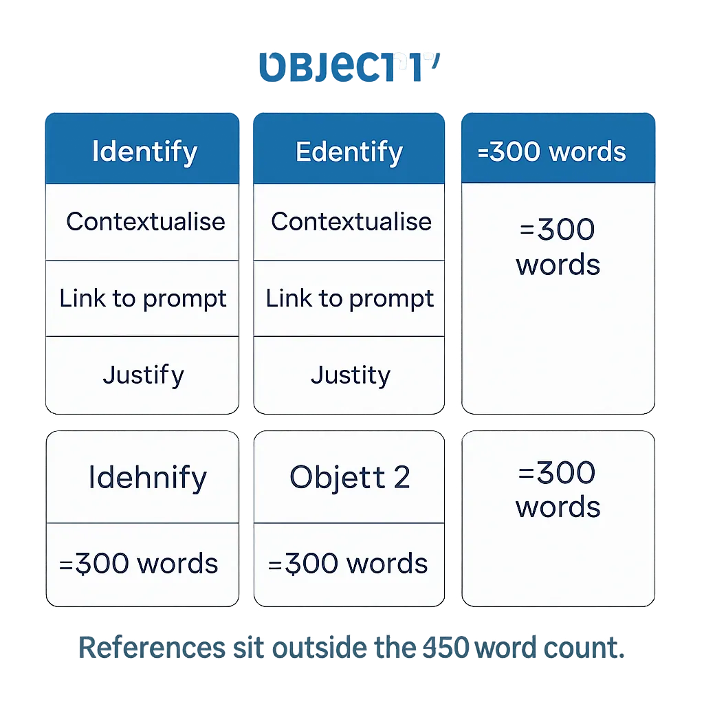 Diagram showing the structure of a TOK exhibition commentary with three object sections and four required steps each