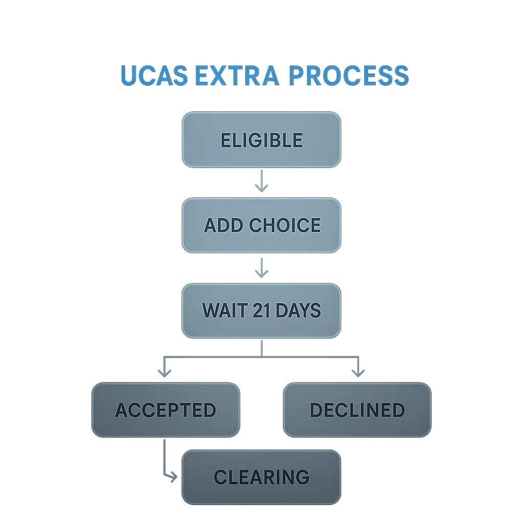 UCAS Extra process flow showing one-at-a-time choice cycle from eligibility to Clearing