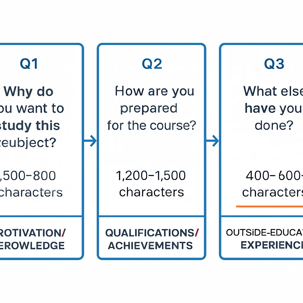 Diagram showing UCAS personal statement questions 2026 split across three sections with character ranges